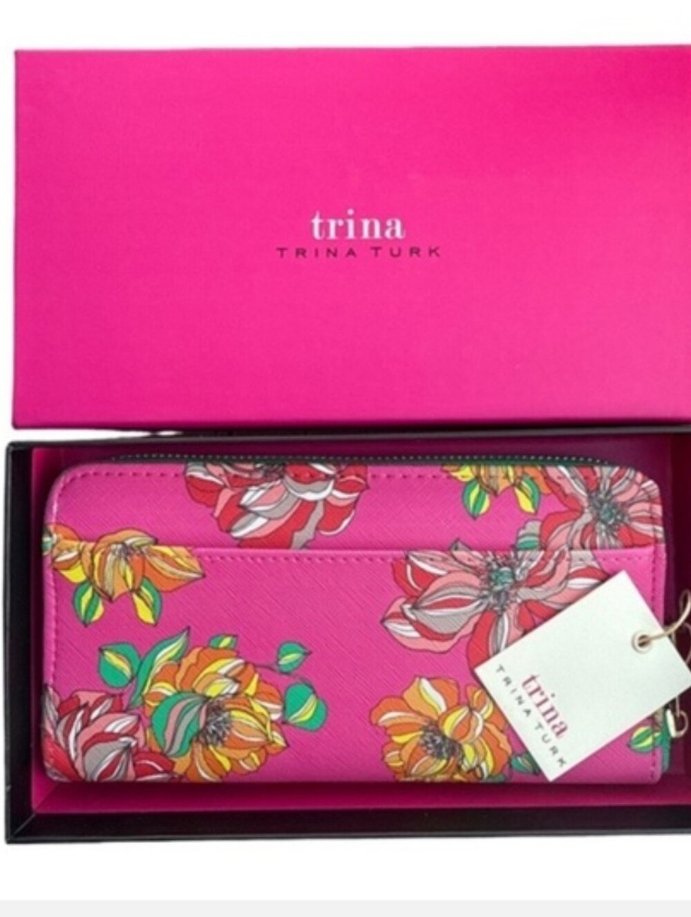 Trina Turk Zip Around Vibrant Pink Floral Wallet. NEW With Box